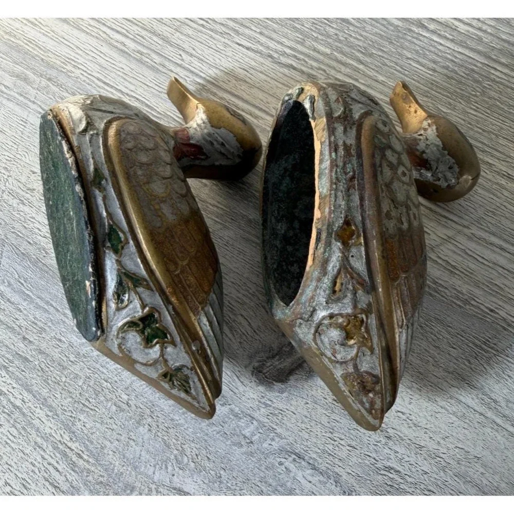 Vintage Pair Brass Enamel Duck Figurine Small Paperweight Patina & Wear 1970's